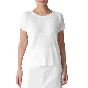 Eileen Fisher Knit Top Organic White Linen Cotton Jewel Neck Ribbed Shirt Medium